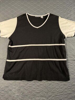 American Weekend Woman Colorblock Tee Shirt Black White Stripes Size 1X Plus Top